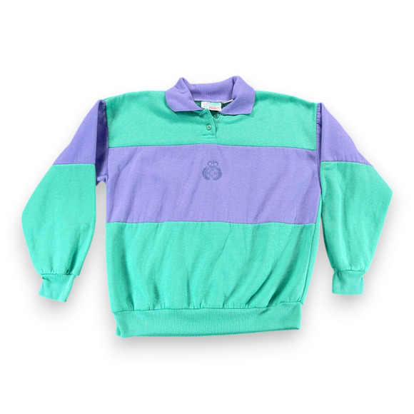 Vintage Sweaters - Vintage Colorblock Sweater Womens MEDIUM Green Purple Pastel Polo Sweatshirt 90s